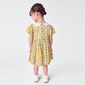 Oche Yellow Floral Printed Lace Collar Shirred Cotton Dress (3mths-6yrs)
