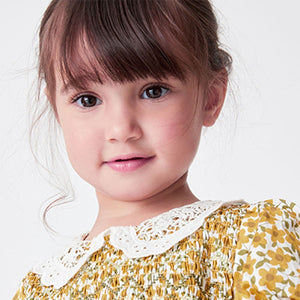 Oche Yellow Floral Printed Lace Collar Shirred Cotton Dress (3mths-6yrs)