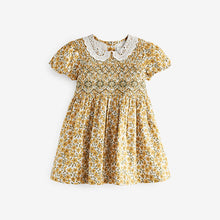 Load image into Gallery viewer, Oche Yellow Floral Printed Lace Collar Shirred Cotton Dress (3mths-6yrs)
