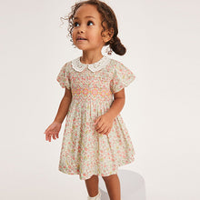 Load image into Gallery viewer, Pink Ditsy Sparkle Printed Lace Collar Shirred Cotton Dress (3mths-6yrs)

