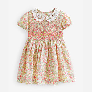 Pink Ditsy Sparkle Printed Lace Collar Shirred Cotton Dress (3mths-6yrs)
