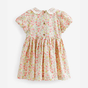 Pink Ditsy Sparkle Printed Lace Collar Shirred Cotton Dress (3mths-6yrs)