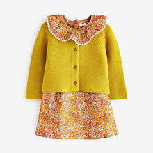 Load image into Gallery viewer, Yellow Ditsy Printed Dress and Cardigan Set (3mths-6yrs)
