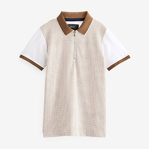 Tan/White Short Sleeve Zip Neck Textured Polo Shirt (3-12yrs)