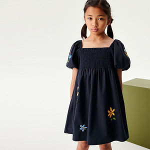 Charcoal Grey Embroidered Short Sleeve Dress (3-12yrs)