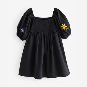 Charcoal Grey Embroidered Short Sleeve Dress (3-12yrs)