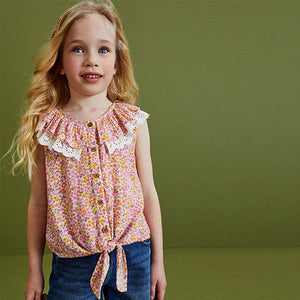 Pink Ditsy Frill Collar Tie Front Blouse (3-12yrs)