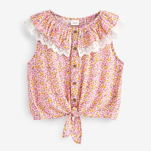 Pink Ditsy Frill Collar Tie Front Blouse (3-12yrs)