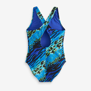 Blue/Green Animal Print Sports Cross-Back Swimsuit (3-12yrs)