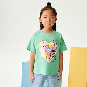 Mint Green Pastel Sequin Love Heart T-Shirt (3-12yrs)
