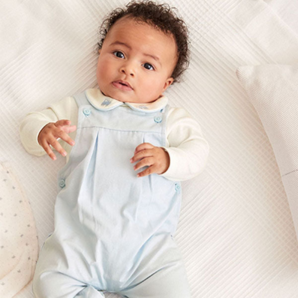Pale Blue Smart Woven Baby 2 Piece Dungarees With Collared Bodysuit (0mths-18mths)