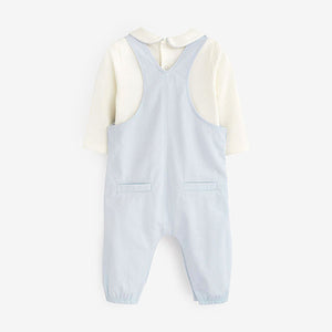 Pale Blue Smart Woven Baby 2 Piece Dungarees With Collared Bodysuit (0mths-18mths)