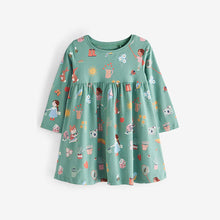 Load image into Gallery viewer, Green Girl Print Long Sleeve Jersey Dress (3mths-6yrs)
