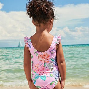 Pale Pink Floral Frill Sleeved Swimsuit (3mths-5yrs)