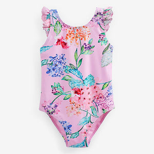 Pale Pink Floral Frill Sleeved Swimsuit (3mths-5yrs)