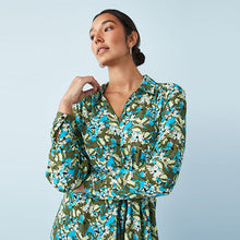 Load image into Gallery viewer, Green Floral Zip Neck Tie Waist Midi Dress
