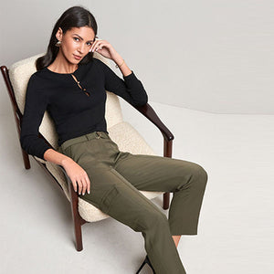 Khaki Green Smart Utility Cargo Belted Taper Trousers