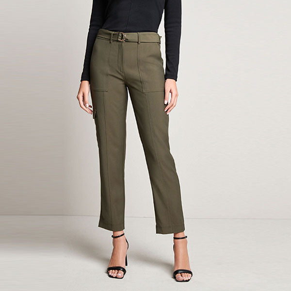 Khaki Green Smart Utility Cargo Belted Taper Trousers