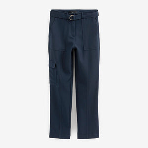 Navy Blue Smart Utility Cargo Belted Taper Trousers