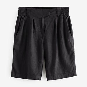 Black Linen Blend Knee Shorts