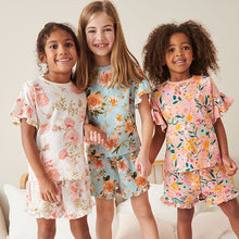 Load image into Gallery viewer, Blue/Orange/Cream Floral Short Pyjamas 3 Pack (9mths-12yrs)
