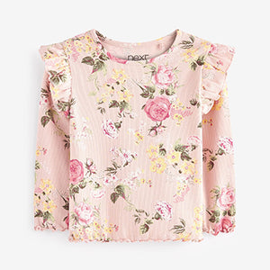 Pale Pink Floral Long Sleeve Frill Rib Jersey Top (3mths-6yrs)