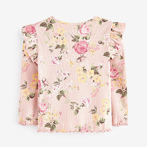 Pale Pink Floral Long Sleeve Frill Rib Jersey Top (3mths-6yrs)