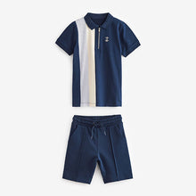 Load image into Gallery viewer, Navy Blue Short Sleeve Colourblock Zip Neck Polo And Short Set (3-12yrs)
