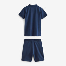 Load image into Gallery viewer, Navy Blue Short Sleeve Colourblock Zip Neck Polo And Short Set (3-12yrs)
