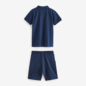 Navy Blue Short Sleeve Colourblock Zip Neck Polo And Short Set (3-12yrs)