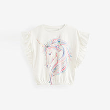 Load image into Gallery viewer, Ecru White 100% Cotton Sequin Unicorn Frill Sleeve T-Shirt (4-12yrs)
