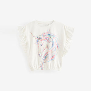 Ecru White 100% Cotton Sequin Unicorn Frill Sleeve T-Shirt (4-12yrs)