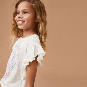 Ecru White 100% Cotton Sequin Unicorn Frill Sleeve T-Shirt (4-12yrs)