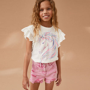 Ecru White 100% Cotton Sequin Unicorn Frill Sleeve T-Shirt (4-12yrs)