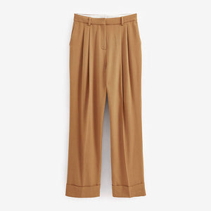 Camel Natural Tailored Wide Leg Turn-Up Trousers