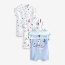 Load image into Gallery viewer, Blue/White Baby Rompers 3 Pack (0-18mths)
