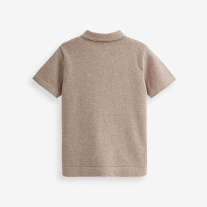 Taupe Brown Short Sleeve Textured Zip Neck Polo Shirt (3-12yrs)