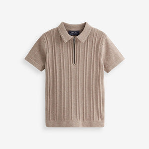 Taupe Brown Short Sleeve Textured Zip Neck Polo Shirt (3-12yrs)