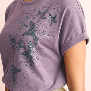 Mauve Purple Embellished Star Scatter Sparkle Star Short Sleeve T-Shirt