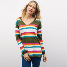 Load image into Gallery viewer, Khaki Green and Multi Bright Stripe Long Sleeve V-Neck Tunic
