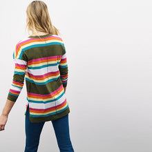 Load image into Gallery viewer, Khaki Green and Multi Bright Stripe Long Sleeve V-Neck Tunic
