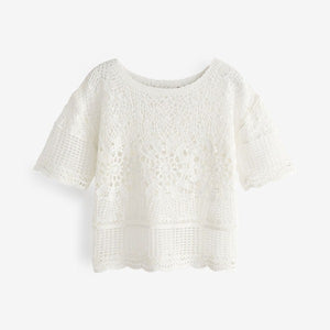 Ecru White Crochet Short Sleeve Knit Top