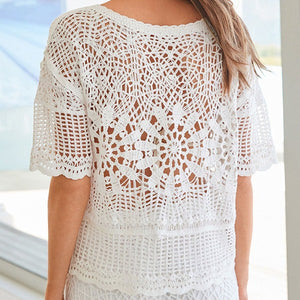 Ecru White Crochet Short Sleeve Knit Top