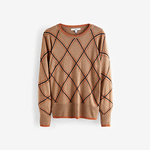 Camel Brown Check Printed Round Neck Jumper