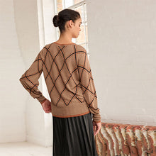 Load image into Gallery viewer, Camel Brown Check Printed Round Neck Jumper
