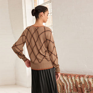 Camel Brown Check Printed Round Neck Jumper