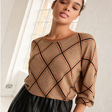 Load image into Gallery viewer, Camel Brown Check Printed Round Neck Jumper
