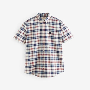 Ecru White/Navy Blue Stretch Oxford Check Short Sleeve Shirt
