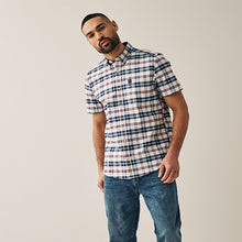 Load image into Gallery viewer, Ecru White/Navy Blue Stretch Oxford Check Short Sleeve Shirt
