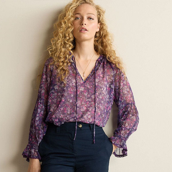 Purple Floral Long Sleeve V-Neck Sheer Blouse with Lace Trim Detail